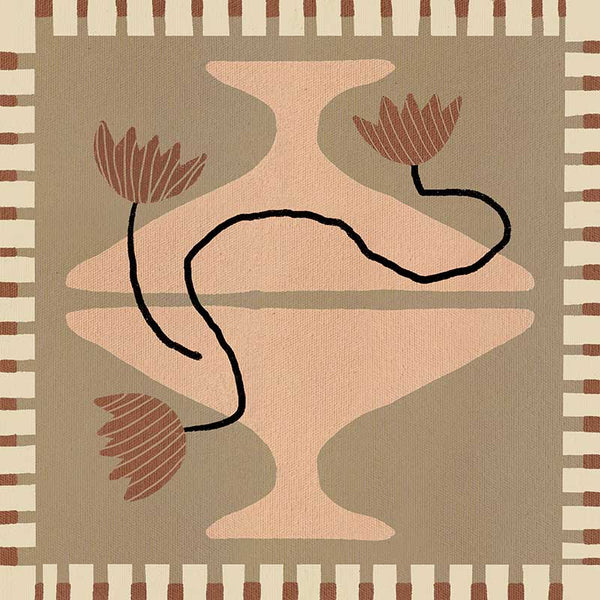 Stylised cream pedestal vase holding abstract red-brown flowers, set on a taupe and olive background with a striped border, from the Shatha collection with Urban Road.