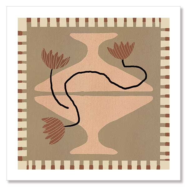 Stylised cream pedestal vase holding abstract red-brown flowers, set on a taupe and olive background with a striped border, from the Shatha collection with Urban Road.