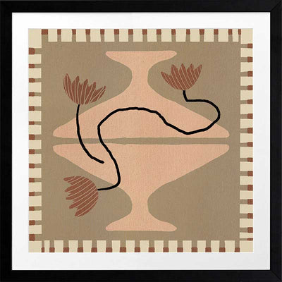 Stylised cream pedestal vase holding abstract red-brown flowers, set on a taupe and olive background with a striped border, from the Shatha collection with Urban Road.