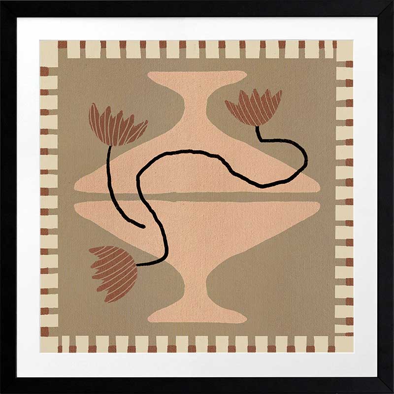 Stylised cream pedestal vase holding abstract red-brown flowers, set on a taupe and olive background with a striped border, from the Shatha collection with Urban Road.