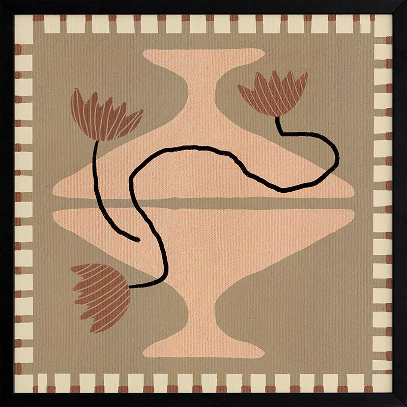 Stylised cream pedestal vase holding abstract red-brown flowers, set on a taupe and olive background with a striped border, from the Shatha collection with Urban Road.