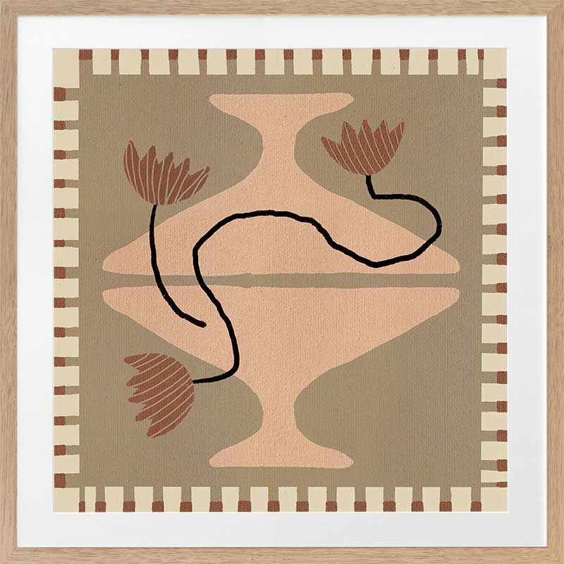 Stylised cream pedestal vase holding abstract red-brown flowers, set on a taupe and olive background with a striped border, from the Shatha collection with Urban Road.