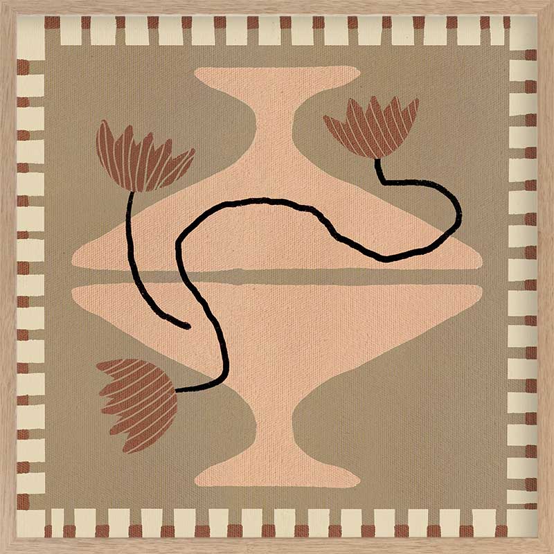 Stylised cream pedestal vase holding abstract red-brown flowers, set on a taupe and olive background with a striped border, from the Shatha collection with Urban Road.