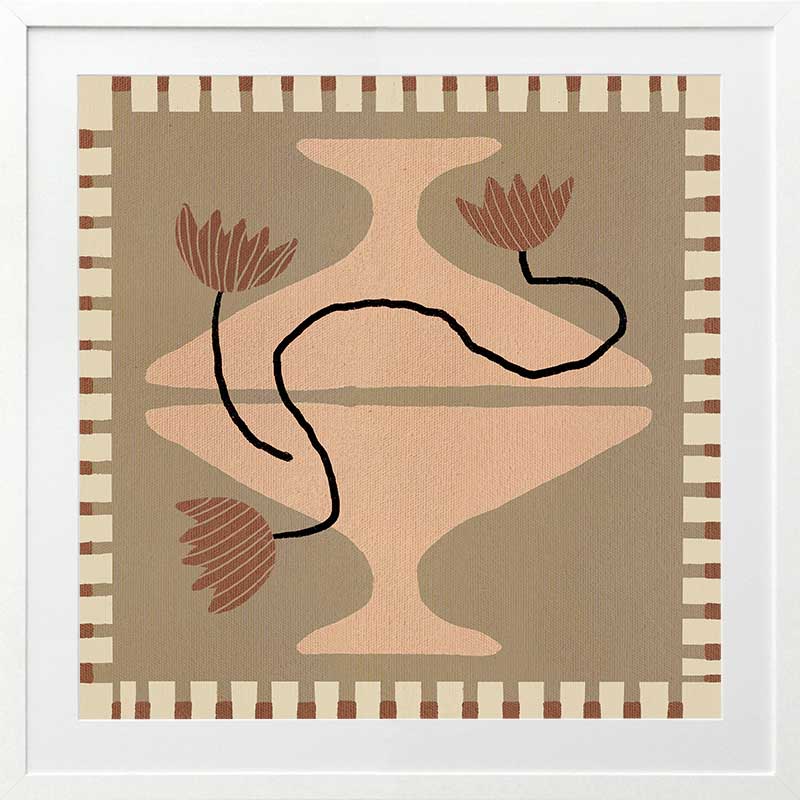 Stylised cream pedestal vase holding abstract red-brown flowers, set on a taupe and olive background with a striped border, from the Shatha collection with Urban Road.