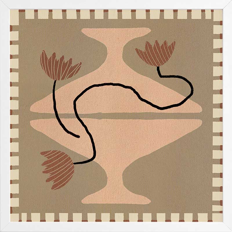Stylised cream pedestal vase holding abstract red-brown flowers, set on a taupe and olive background with a striped border, from the Shatha collection with Urban Road.