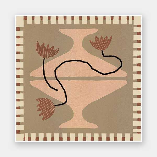 Stylised cream pedestal vase holding abstract red-brown flowers, set on a taupe and olive background with a striped border, from the Shatha collection with Urban Road.