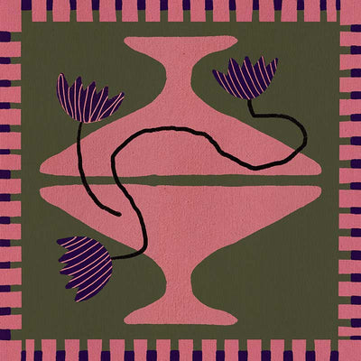 Bold artwork featuring a vibrant pink vase with purple blooms and a pink striped border on a green background, from the Shatha collection with Urban Road.