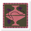Bold artwork featuring a vibrant pink vase with purple blooms and a pink striped border on a green background, from the Shatha collection with Urban Road.