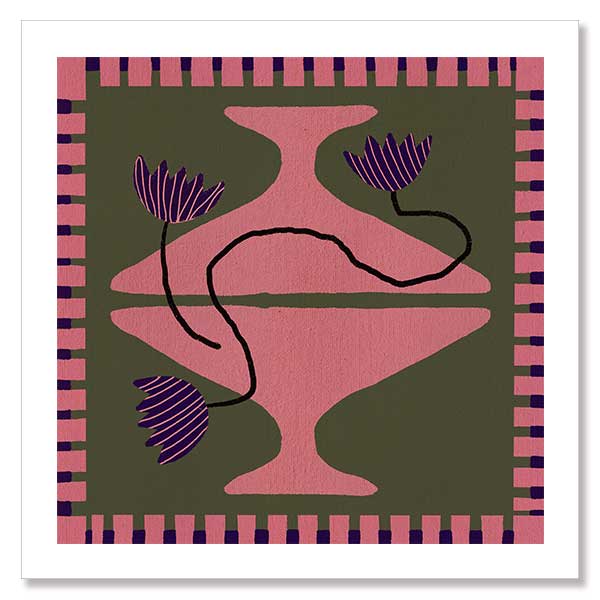 Bold artwork featuring a vibrant pink vase with purple blooms and a pink striped border on a green background, from the Shatha collection with Urban Road.
