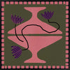 Bold artwork featuring a vibrant pink vase with purple blooms and a pink striped border on a green background, from the Shatha collection with Urban Road.