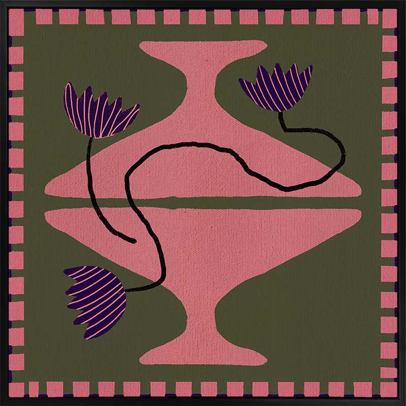 Bold artwork featuring a vibrant pink vase with purple blooms and a pink striped border on a green background, from the Shatha collection with Urban Road.