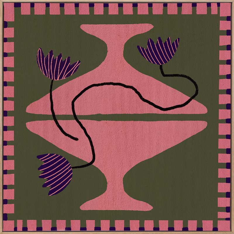 Bold artwork featuring a vibrant pink vase with purple blooms and a pink striped border on a green background, from the Shatha collection with Urban Road.