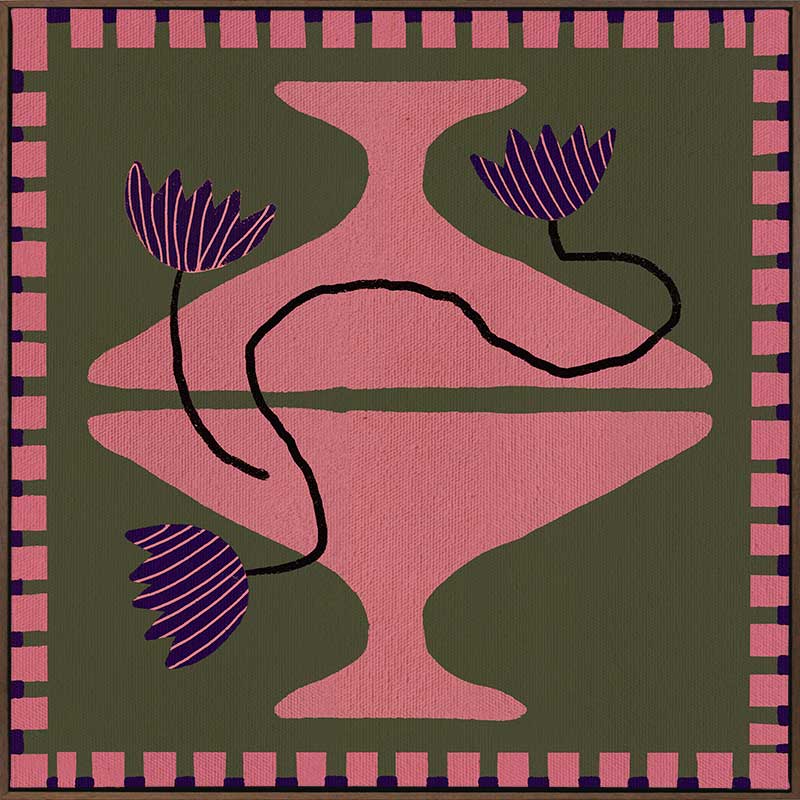 Bold artwork featuring a vibrant pink vase with purple blooms and a pink striped border on a green background, from the Shatha collection with Urban Road.