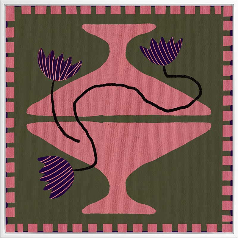 Bold artwork featuring a vibrant pink vase with purple blooms and a pink striped border on a green background, from the Shatha collection with Urban Road.