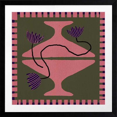 Bold artwork featuring a vibrant pink vase with purple blooms and a pink striped border on a green background, from the Shatha collection with Urban Road.