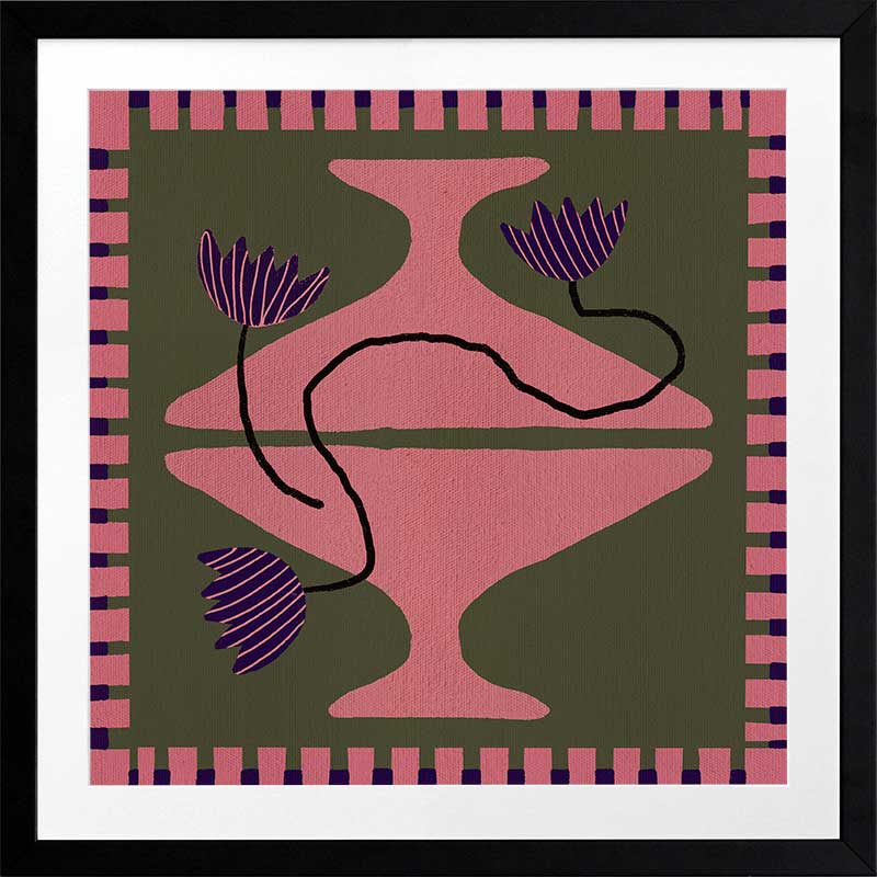 Bold artwork featuring a vibrant pink vase with purple blooms and a pink striped border on a green background, from the Shatha collection with Urban Road.