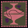 Bold artwork featuring a vibrant pink vase with purple blooms and a pink striped border on a green background, from the Shatha collection with Urban Road.
