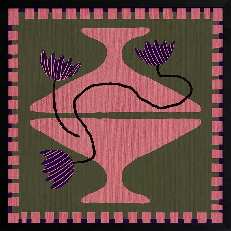 Bold artwork featuring a vibrant pink vase with purple blooms and a pink striped border on a green background, from the Shatha collection with Urban Road.
