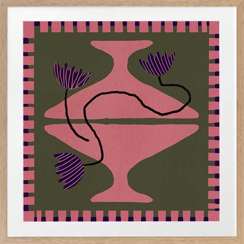 Bold artwork featuring a vibrant pink vase with purple blooms and a pink striped border on a green background, from the Shatha collection with Urban Road.