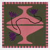 Bold artwork featuring a vibrant pink vase with purple blooms and a pink striped border on a green background, from the Shatha collection with Urban Road.