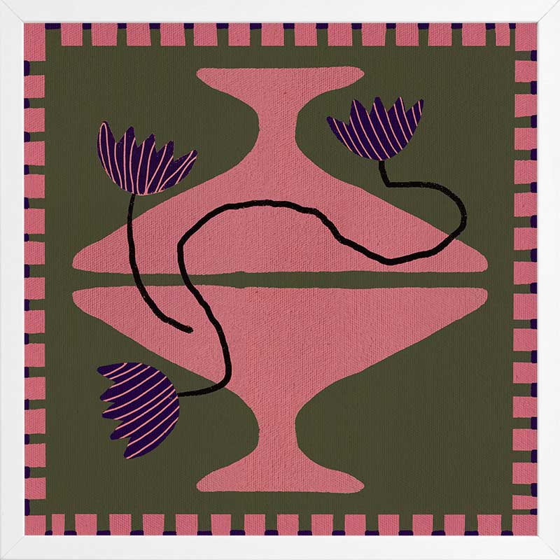 Bold artwork featuring a vibrant pink vase with purple blooms and a pink striped border on a green background, from the Shatha collection with Urban Road.