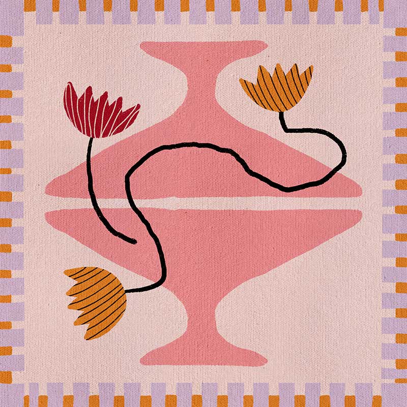 Playful pink and coral composition with a pedestal vase holding yellow and red blooms, framed by a lavender and pink checkered border, from the Shatha collection with Urban Road.