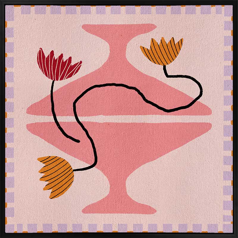 Playful pink and coral composition with a pedestal vase holding yellow and red blooms, framed by a lavender and pink checkered border, from the Shatha collection with Urban Road.