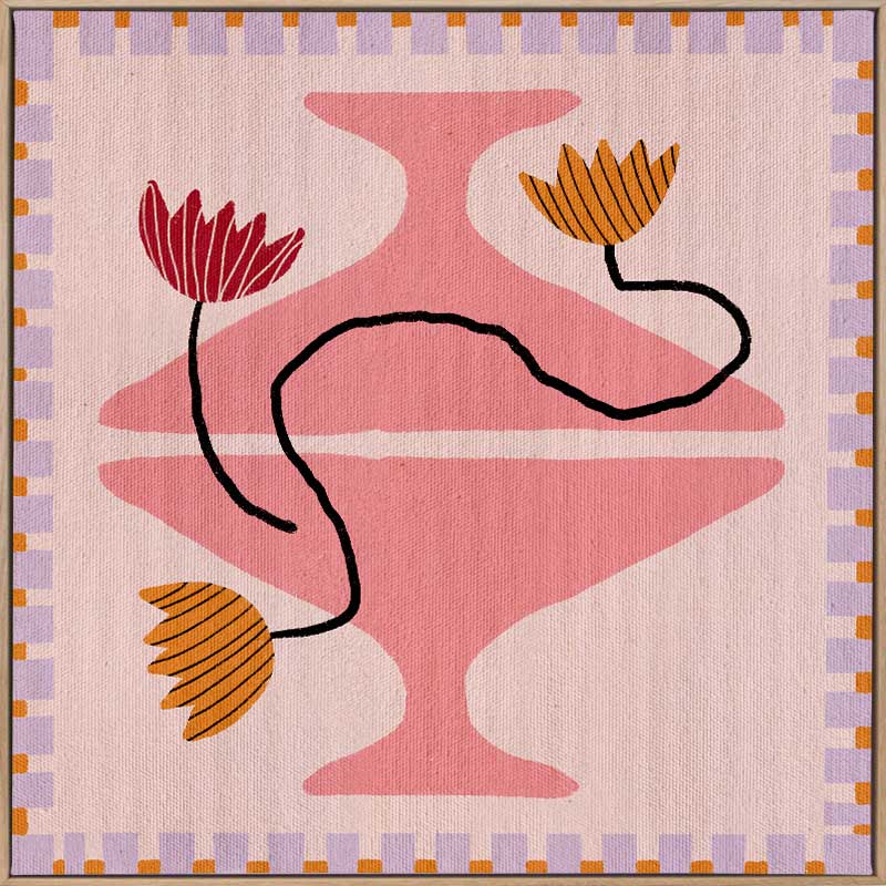 Playful pink and coral composition with a pedestal vase holding yellow and red blooms, framed by a lavender and pink checkered border, from the Shatha collection with Urban Road.