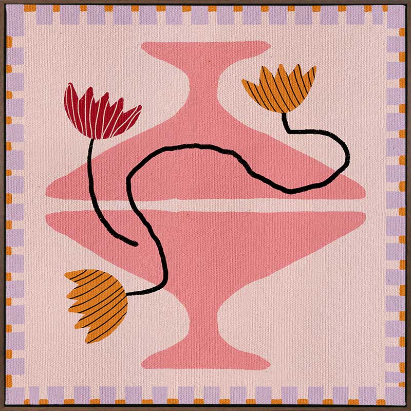 Playful pink and coral composition with a pedestal vase holding yellow and red blooms, framed by a lavender and pink checkered border, from the Shatha collection with Urban Road.