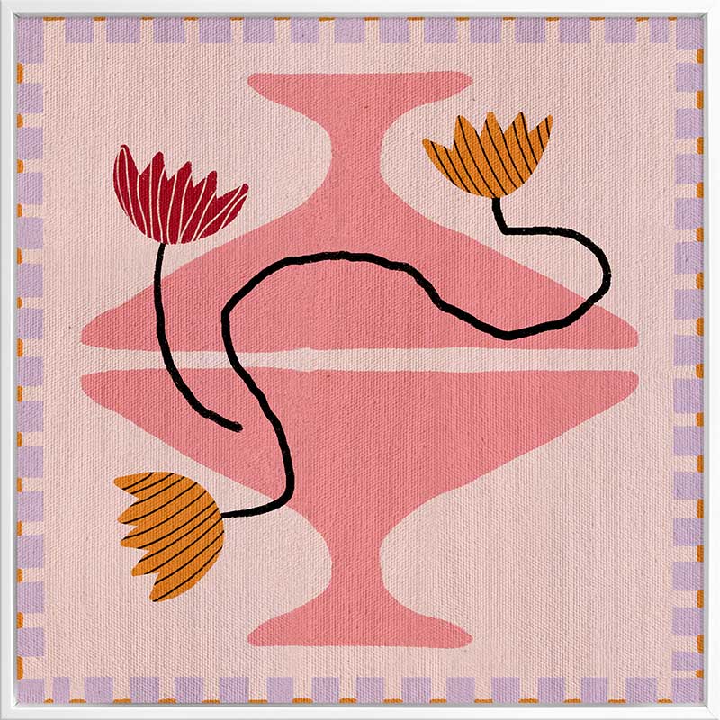 Playful pink and coral composition with a pedestal vase holding yellow and red blooms, framed by a lavender and pink checkered border, from the Shatha collection with Urban Road.