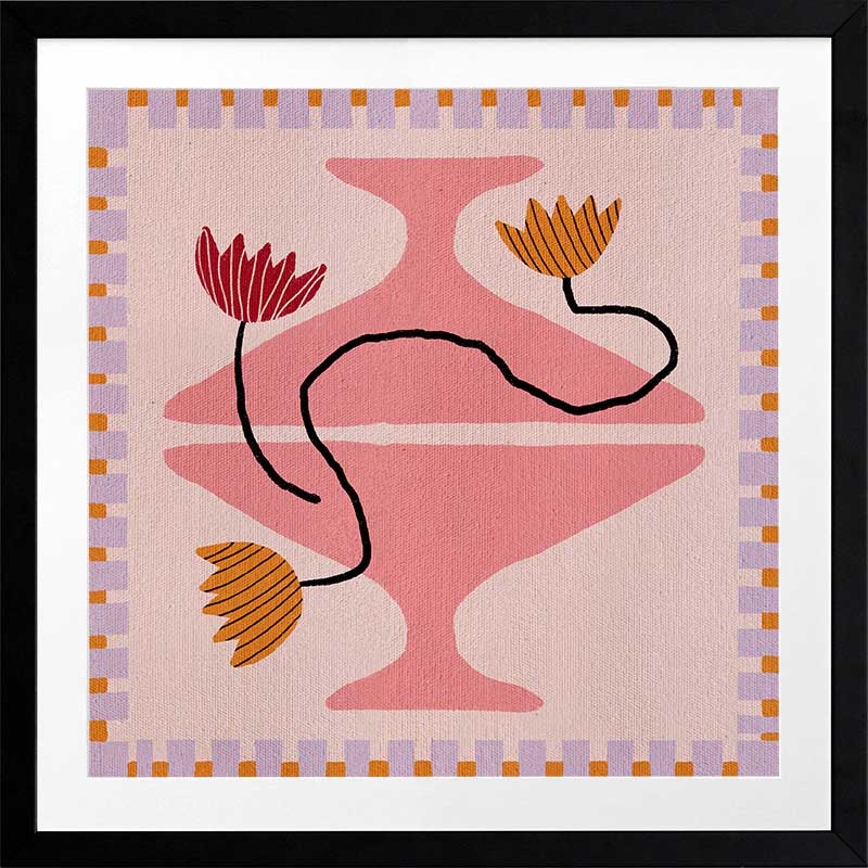 Playful pink and coral composition with a pedestal vase holding yellow and red blooms, framed by a lavender and pink checkered border, from the Shatha collection with Urban Road.