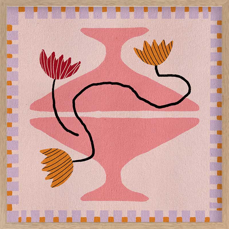 Playful pink and coral composition with a pedestal vase holding yellow and red blooms, framed by a lavender and pink checkered border, from the Shatha collection with Urban Road.