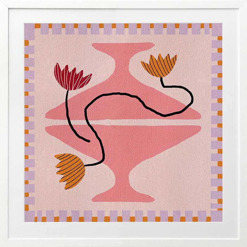 Playful pink and coral composition with a pedestal vase holding yellow and red blooms, framed by a lavender and pink checkered border, from the Shatha collection with Urban Road.