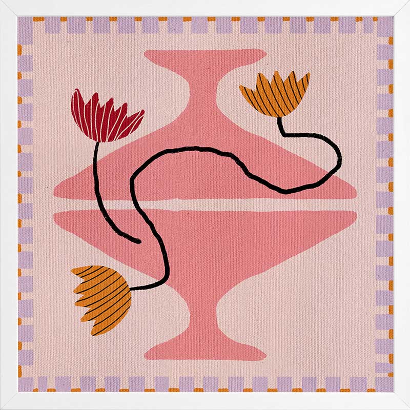 Playful pink and coral composition with a pedestal vase holding yellow and red blooms, framed by a lavender and pink checkered border, from the Shatha collection with Urban Road.