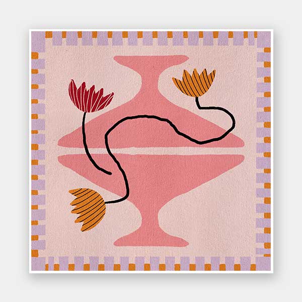 Playful pink and coral composition with a pedestal vase holding yellow and red blooms, framed by a lavender and pink checkered border, from the Shatha collection with Urban Road.