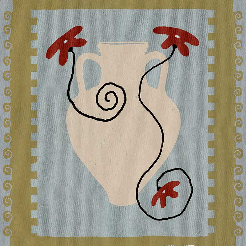 Cream jug-style vase with red blooms and curling black stems set against a pale blue and green striped backdrop, from the Shatha collection with Urban Road.