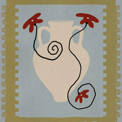 Cream jug-style vase with red blooms and curling black stems set against a pale blue and green striped backdrop, from the Shatha collection with Urban Road.