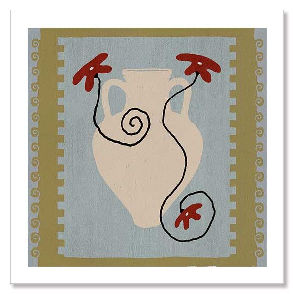 Cream jug-style vase with red blooms and curling black stems set against a pale blue and green striped backdrop, from the Shatha collection with Urban Road.