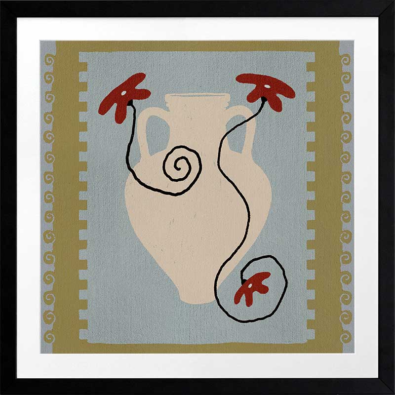 Cream jug-style vase with red blooms and curling black stems set against a pale blue and green striped backdrop, from the Shatha collection with Urban Road.