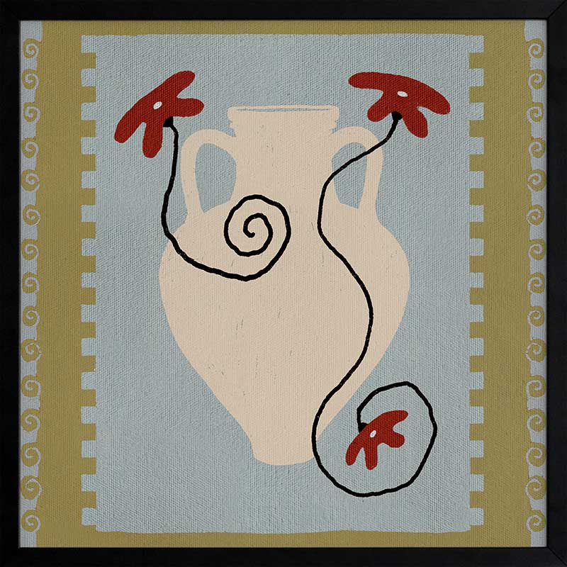 Cream jug-style vase with red blooms and curling black stems set against a pale blue and green striped backdrop, from the Shatha collection with Urban Road.