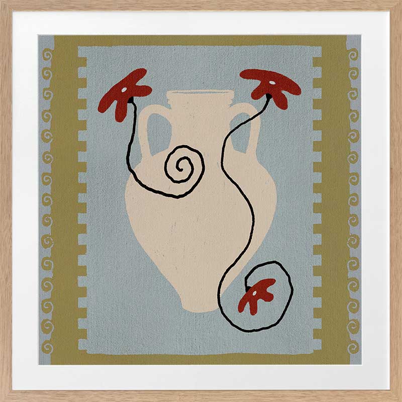 Cream jug-style vase with red blooms and curling black stems set against a pale blue and green striped backdrop, from the Shatha collection with Urban Road.