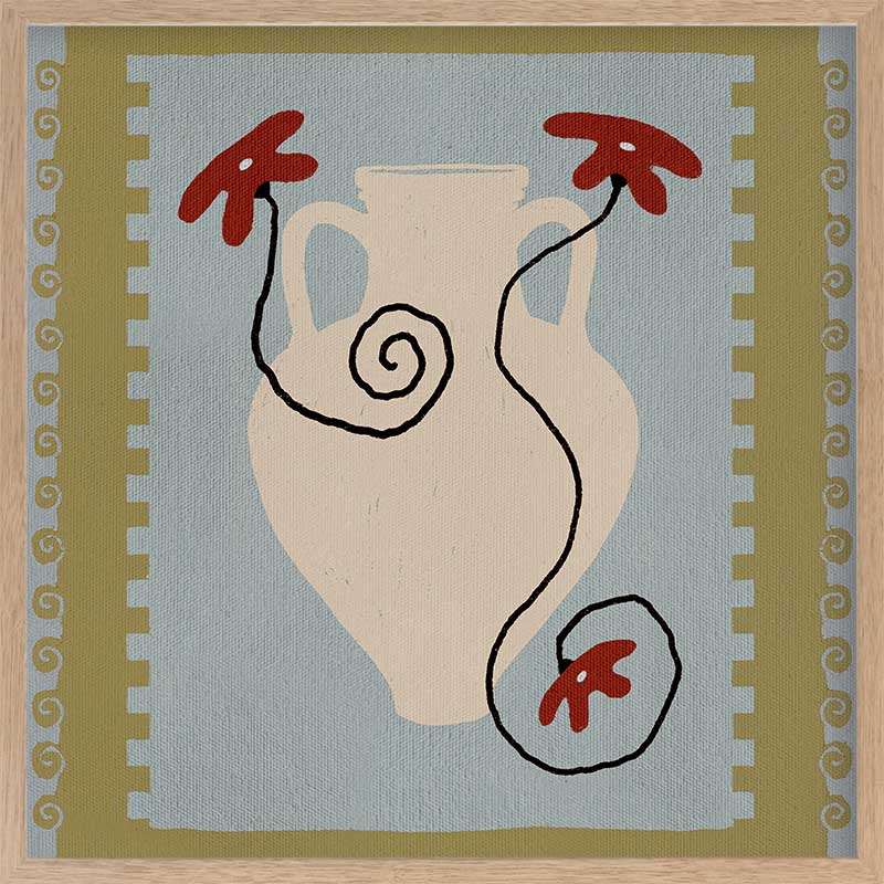 Cream jug-style vase with red blooms and curling black stems set against a pale blue and green striped backdrop, from the Shatha collection with Urban Road.