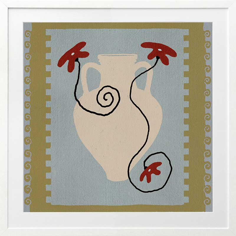 Cream jug-style vase with red blooms and curling black stems set against a pale blue and green striped backdrop, from the Shatha collection with Urban Road.