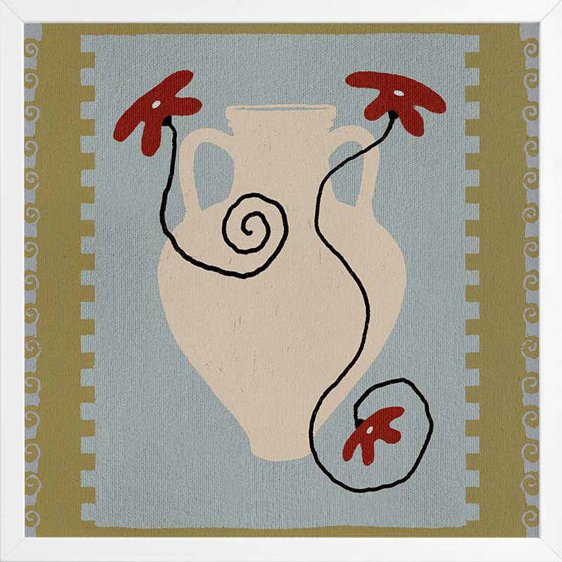 Cream jug-style vase with red blooms and curling black stems set against a pale blue and green striped backdrop, from the Shatha collection with Urban Road.