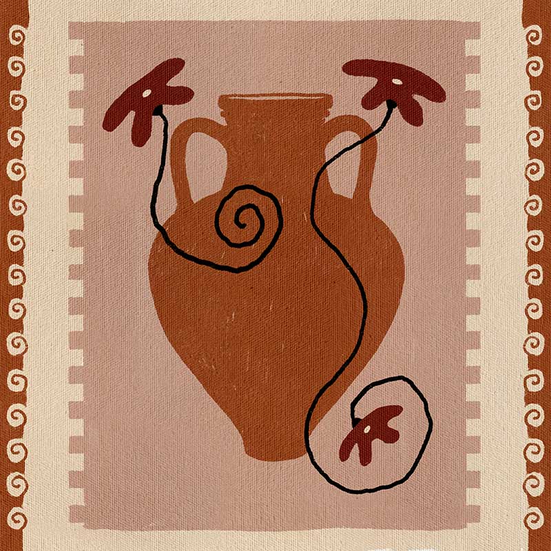 Rust-coloured vase with swirling black stems and deep red blooms, set against a blush background with a rich terracotta border, from the Shatha collection with Urban Road.