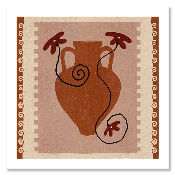 Rust-coloured vase with swirling black stems and deep red blooms, set against a blush background with a rich terracotta border, from the Shatha collection with Urban Road.