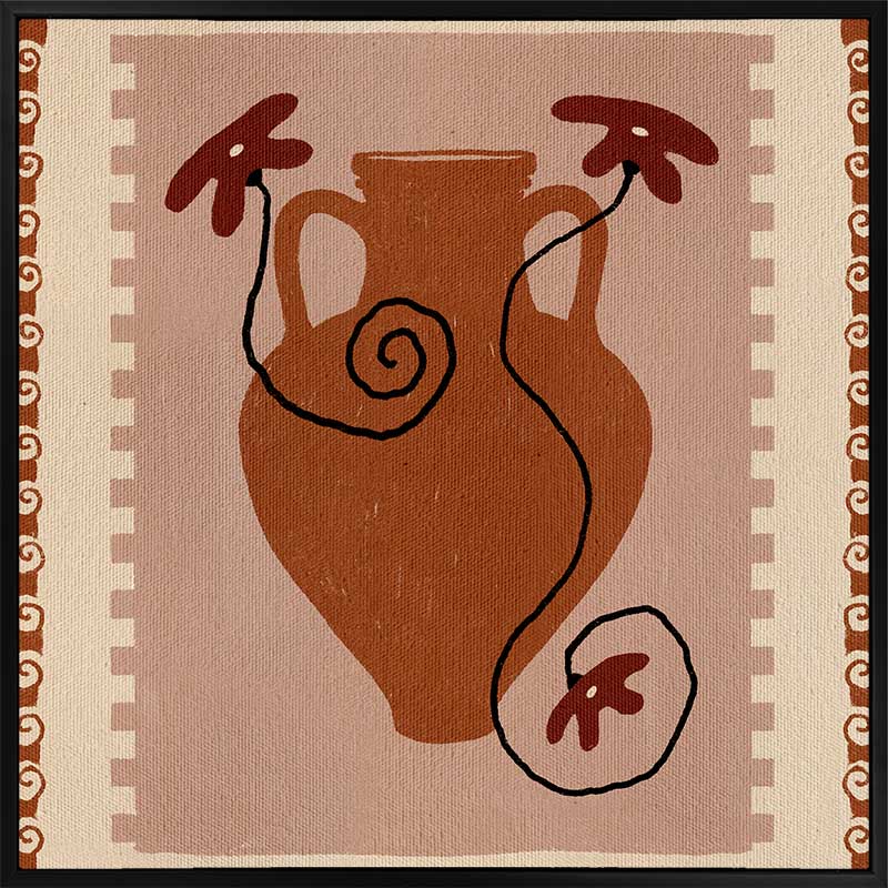 Rust-coloured vase with swirling black stems and deep red blooms, set against a blush background with a rich terracotta border, from the Shatha collection with Urban Road.