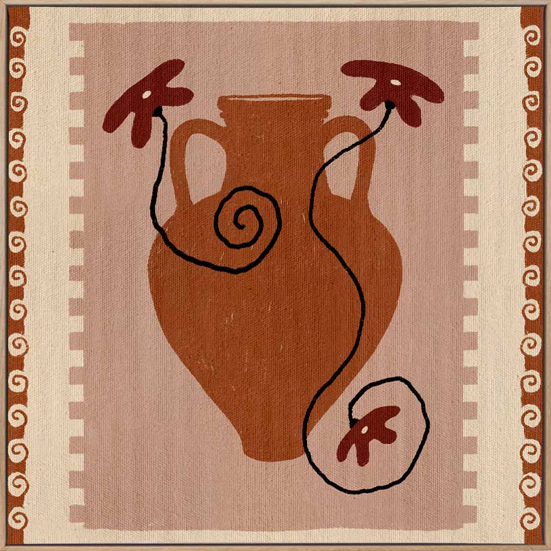 Rust-coloured vase with swirling black stems and deep red blooms, set against a blush background with a rich terracotta border, from the Shatha collection with Urban Road.