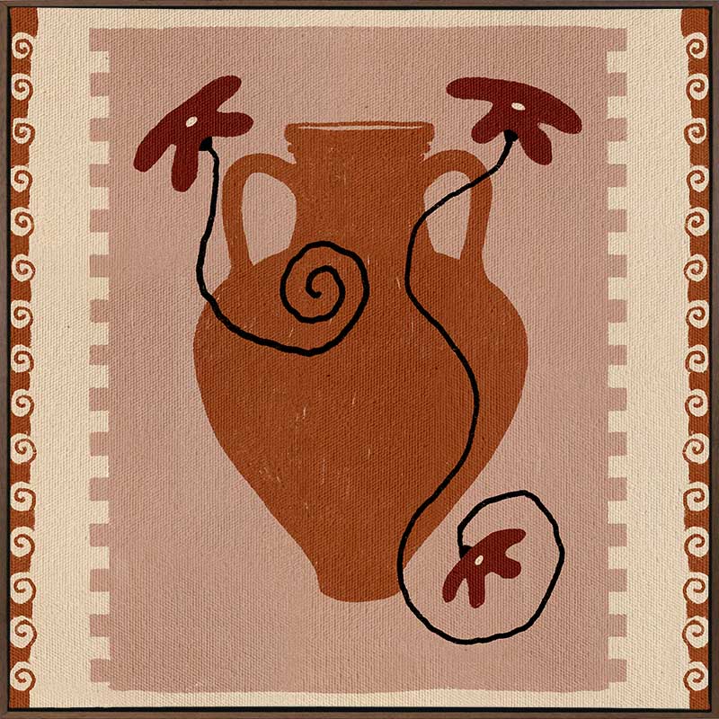 Rust-coloured vase with swirling black stems and deep red blooms, set against a blush background with a rich terracotta border, from the Shatha collection with Urban Road.