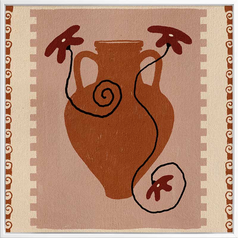 Rust-coloured vase with swirling black stems and deep red blooms, set against a blush background with a rich terracotta border, from the Shatha collection with Urban Road.